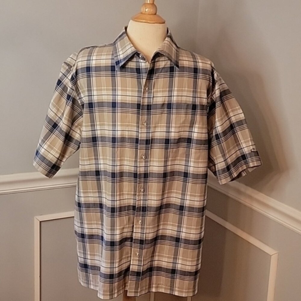 O'NEILL Men's Tan Blue Plaid Short Sleeve Preppy Surf Casual Button Down Shirt L